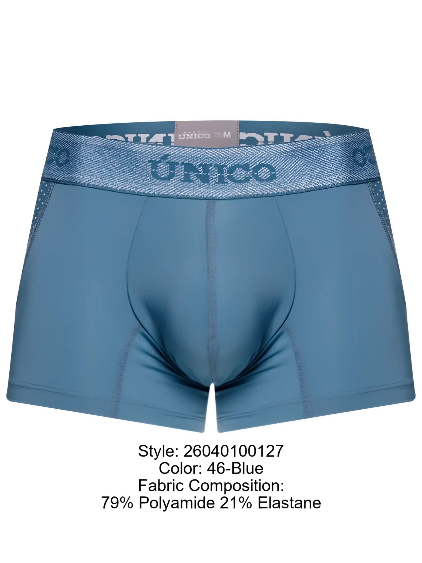 Unico 26040100127 classic trunks in blue with textured shimmer waistband made of 79 polyamide and 21 elastane
