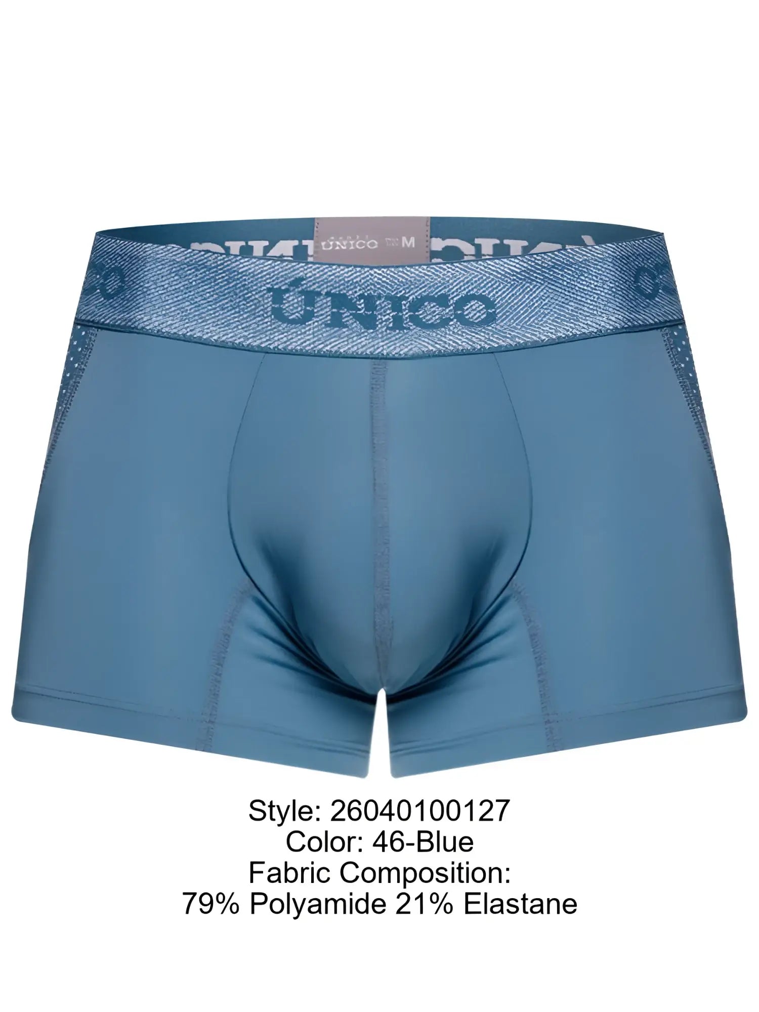 Unico 26040100127 classic trunks in blue with textured shimmer waistband made of 79 polyamide and 21 elastane