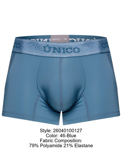 Unico 26040100127 classic trunks in blue with textured shimmer waistband made of 79 polyamide and 21 elastane