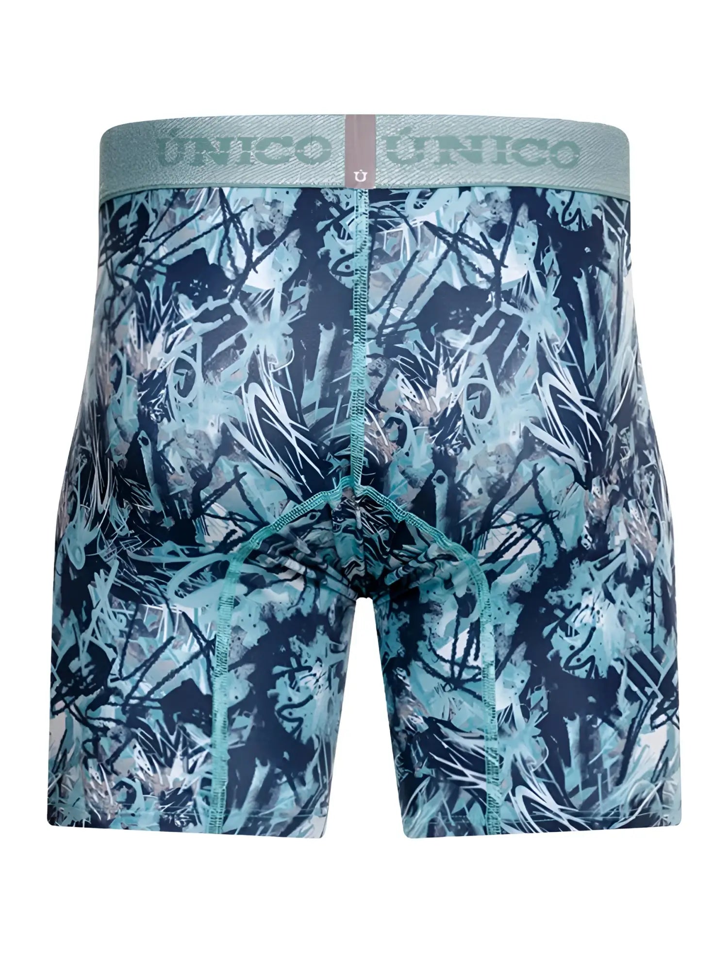 Unico men’s boxer briefs in a vibrant teal, navy blue, and white graffiti print with a matching waistband.