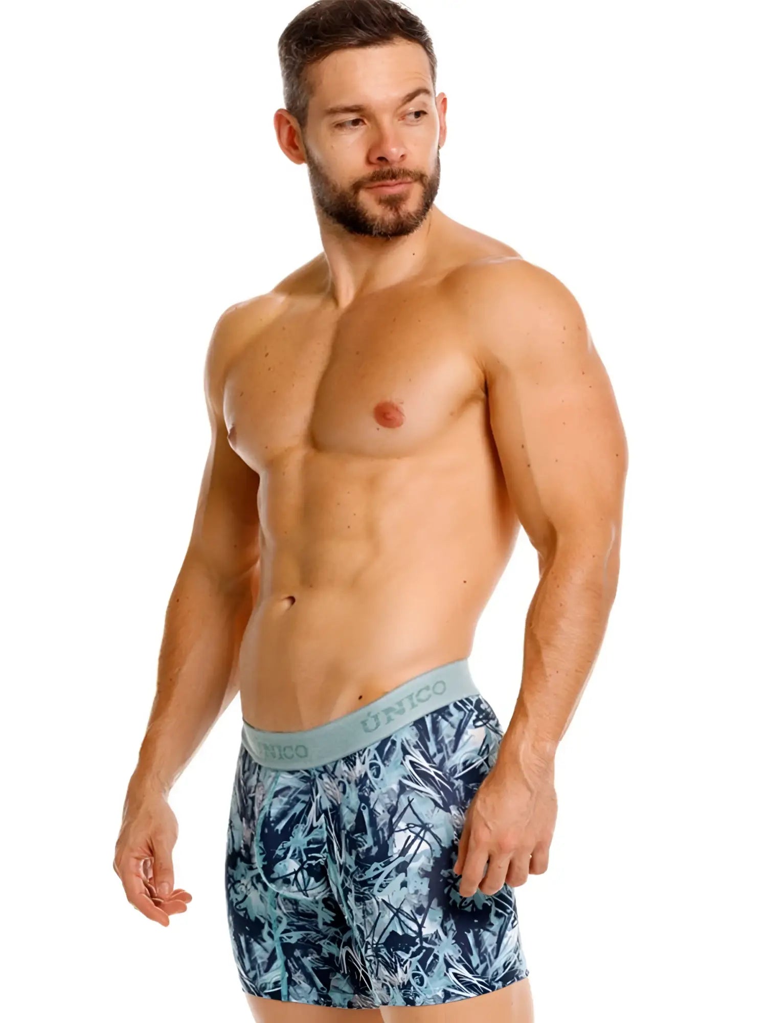 Men’s blue and teal tropical leaf pattern boxer briefs with light gray unico waistband in color 43-Blue