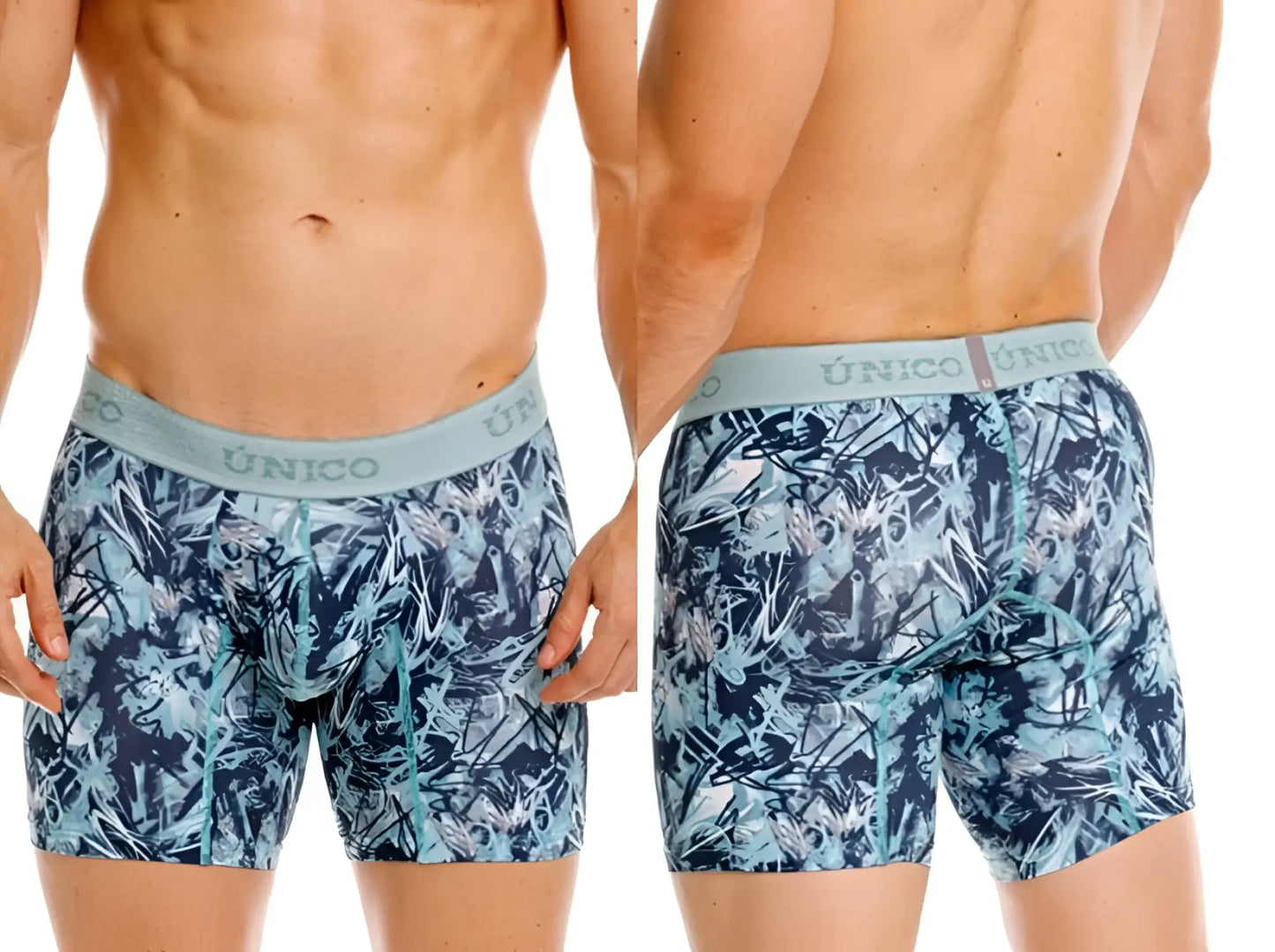Men’s blue and teal tropical leaf patterned boxer briefs with light gray unico waistband in color 43-blue