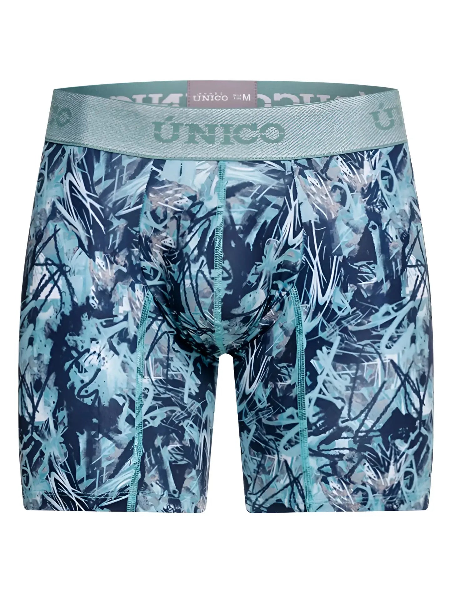 Teal and navy blue unico men’s boxer briefs with graffiti pattern and matching elastic waistband in color 43-blue