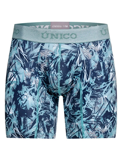 Teal and navy blue unico men’s boxer briefs with graffiti pattern and matching elastic waistband in color 43-blue