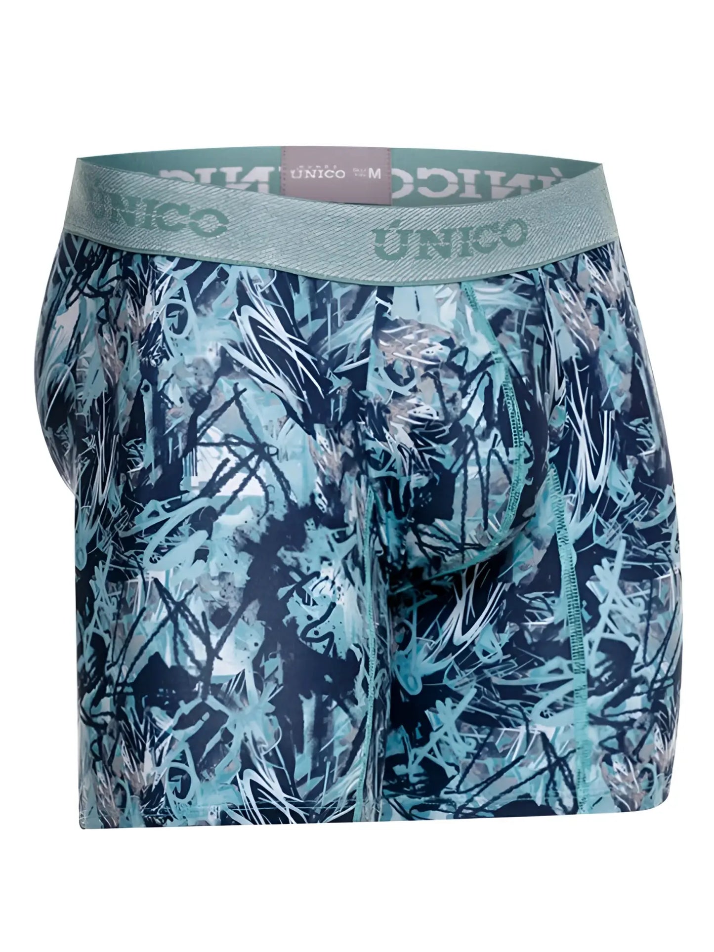 Unico men’s boxer briefs in teal and navy blue graffiti pattern with matching elastic waistband color 43-blue
