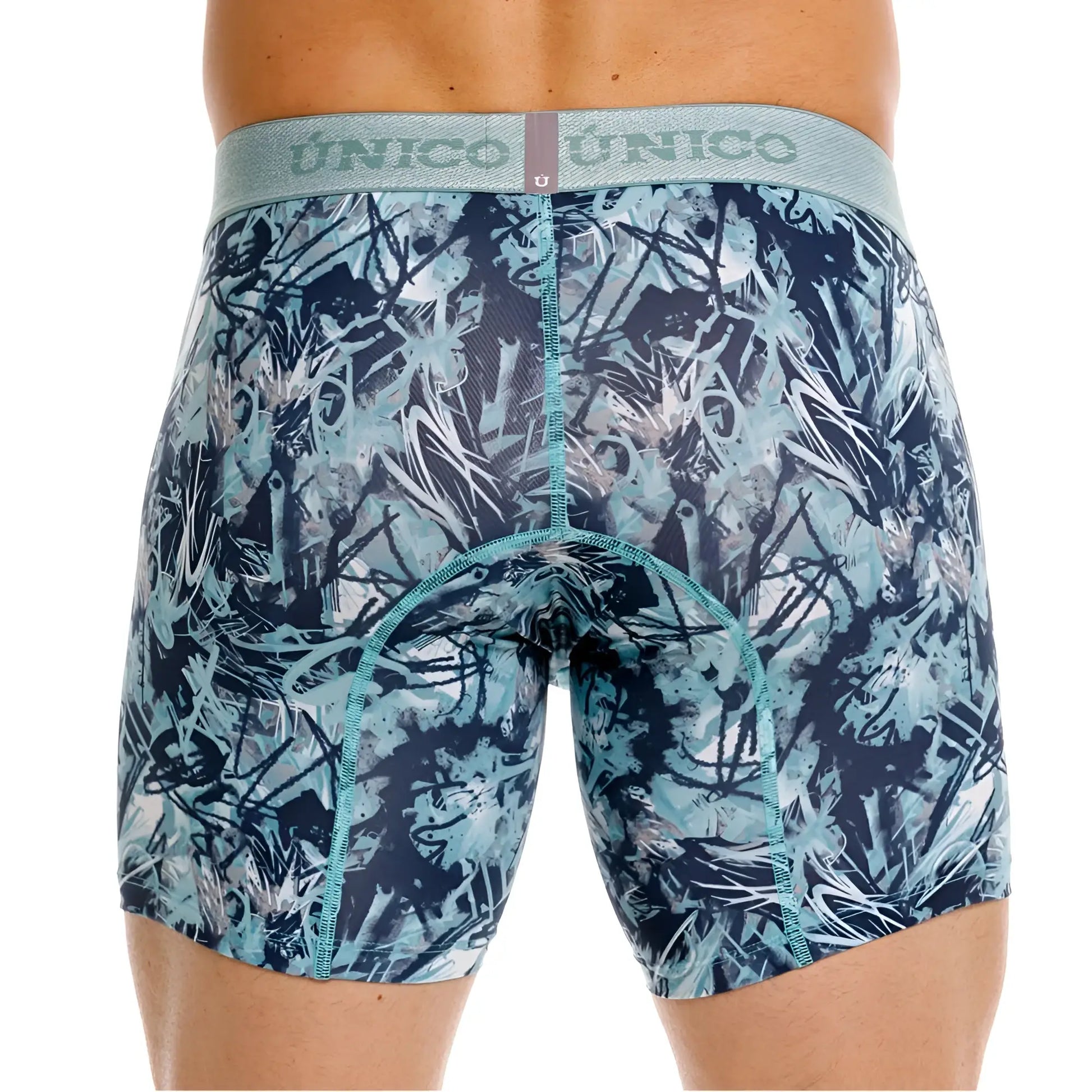 Unico 26040100212 boxer briefs in blue and white graffiti pattern with teal trim for comfortable everyday wear