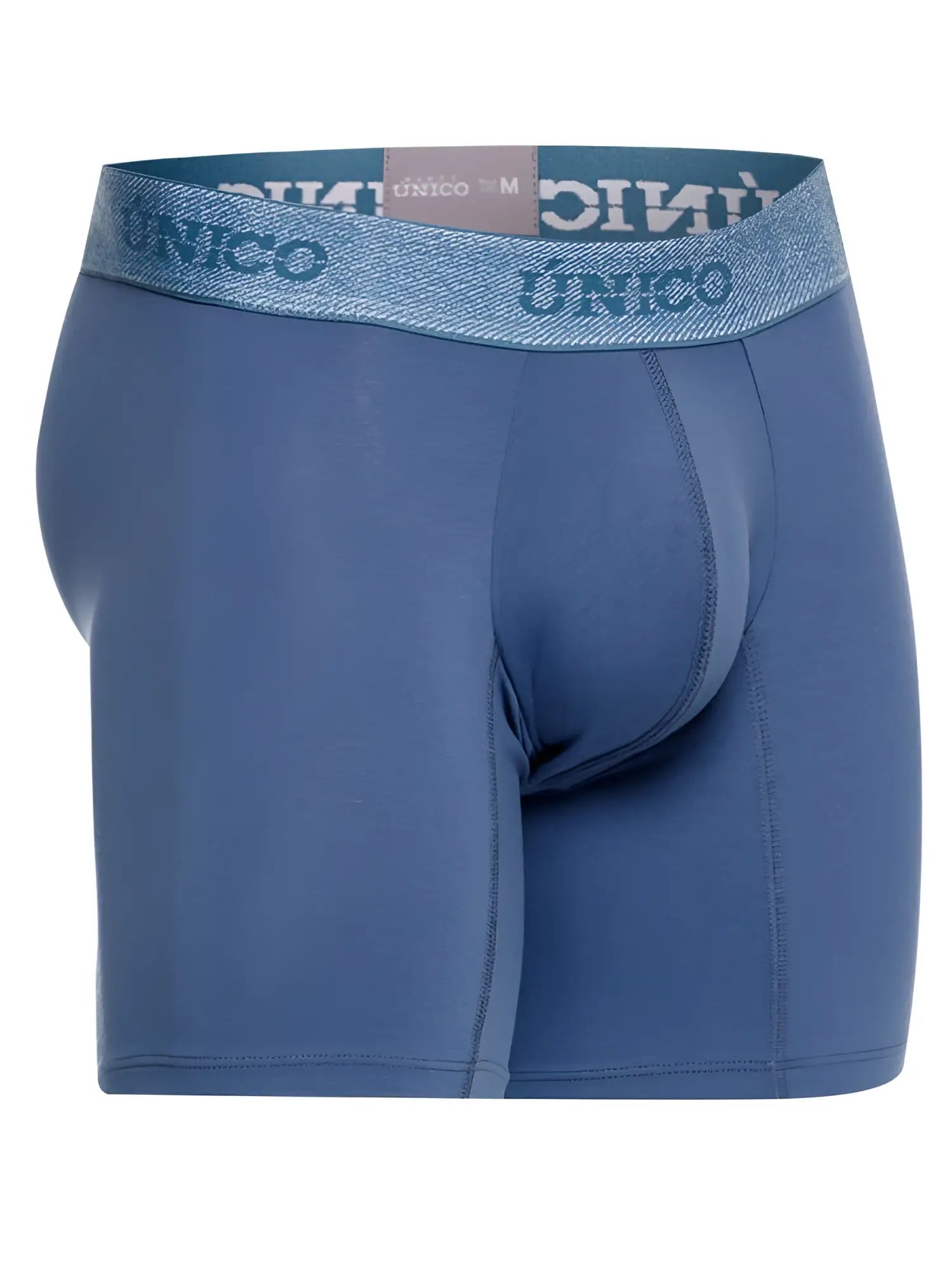 Blue unico men’s classic boxer briefs in teal with textured waistband and matching brand name for premium comfort