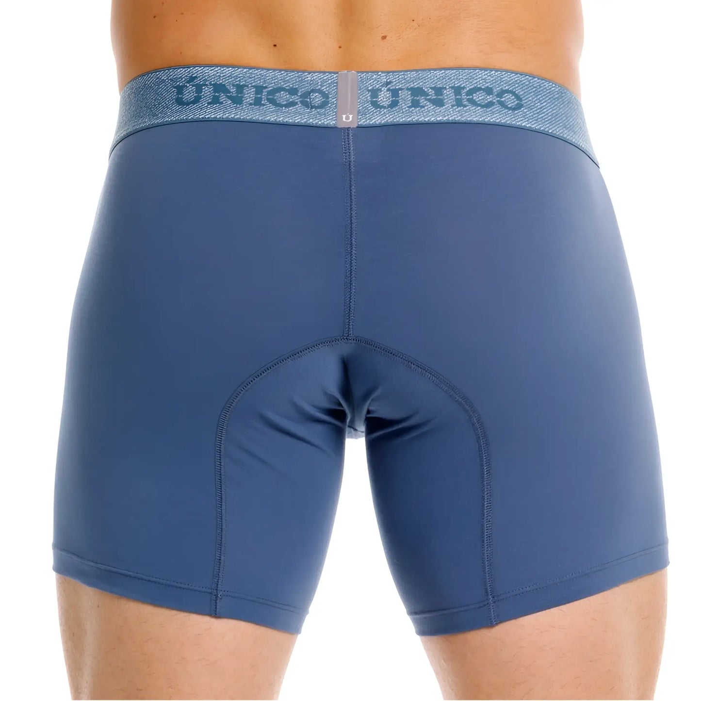Blue unico men’s boxer briefs in teal with a textured waistband featuring the unico logo for premium comfort and style