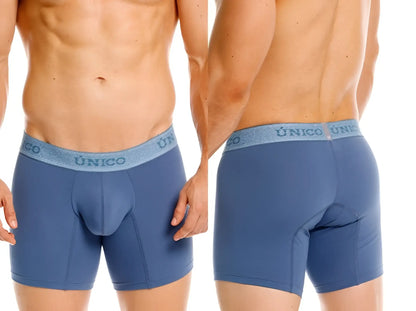Blue unico classic boxer briefs in teal with matching elastic waistband featuring brand name in light gray lettering