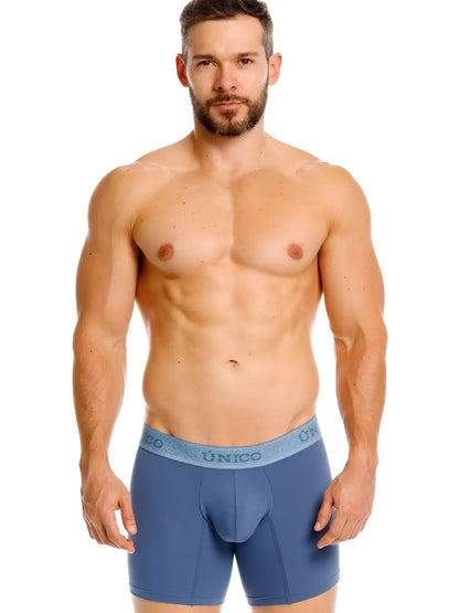 Blue unico mens boxer briefs in teal with contoured design and elastic waistband for premium comfort and style