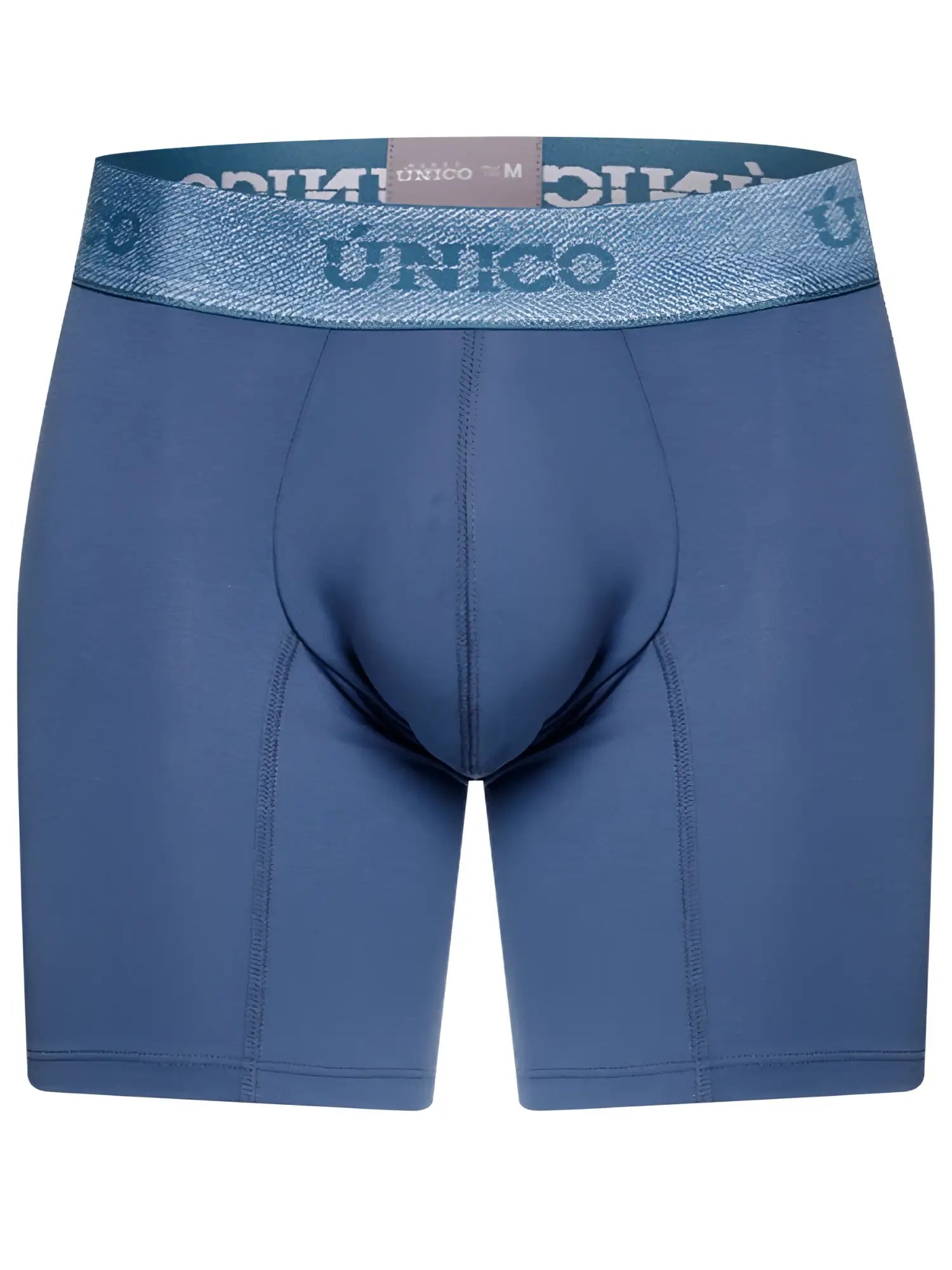 Blue unico men’s classic boxer briefs in teal with a textured waistband featuring the brand name for premium comfort