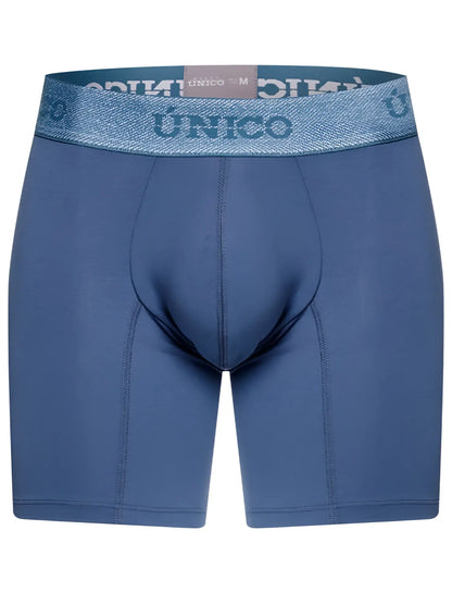 Blue unico men’s classic boxer briefs in teal with a textured waistband featuring the brand name for premium comfort