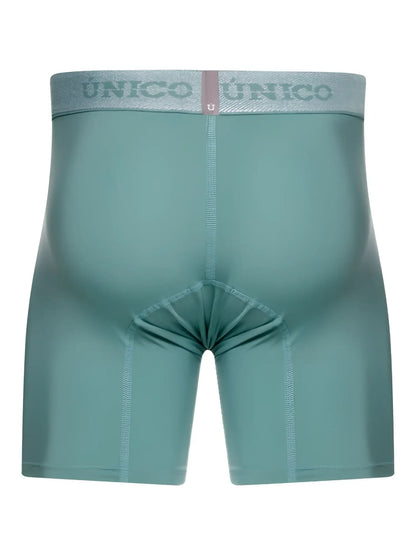 Teal unico ceramic boxer briefs with matching elastic waistband and gray unico logo for comfortable everyday wear