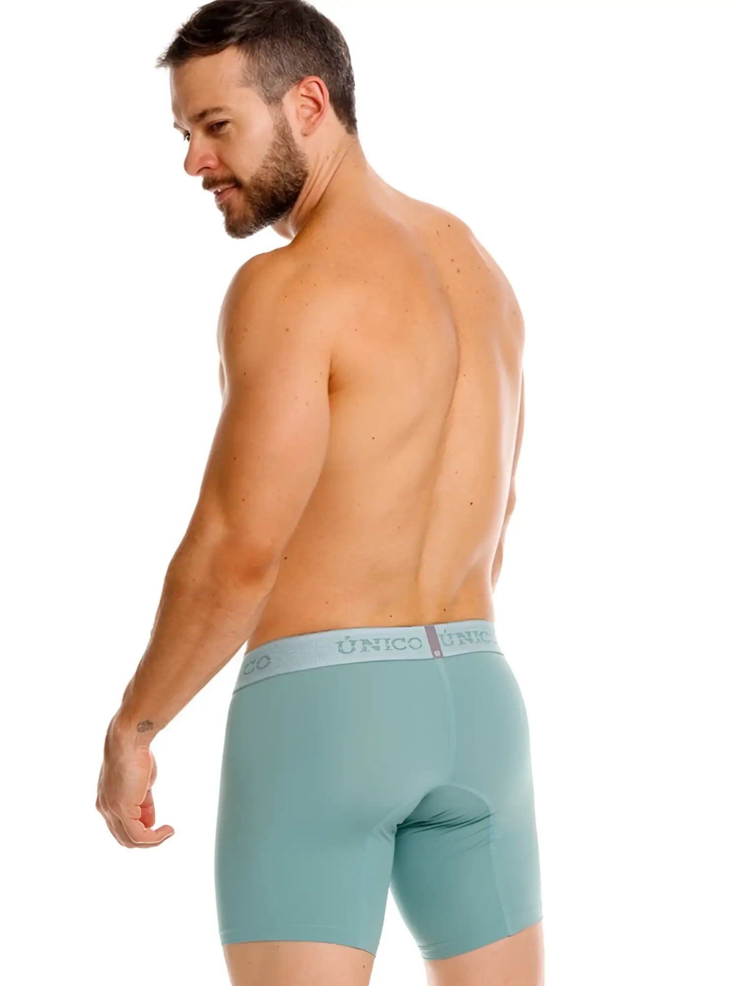 Teal unico ceramic boxer briefs with light gray waistband and dark unico logo for men color 43-green