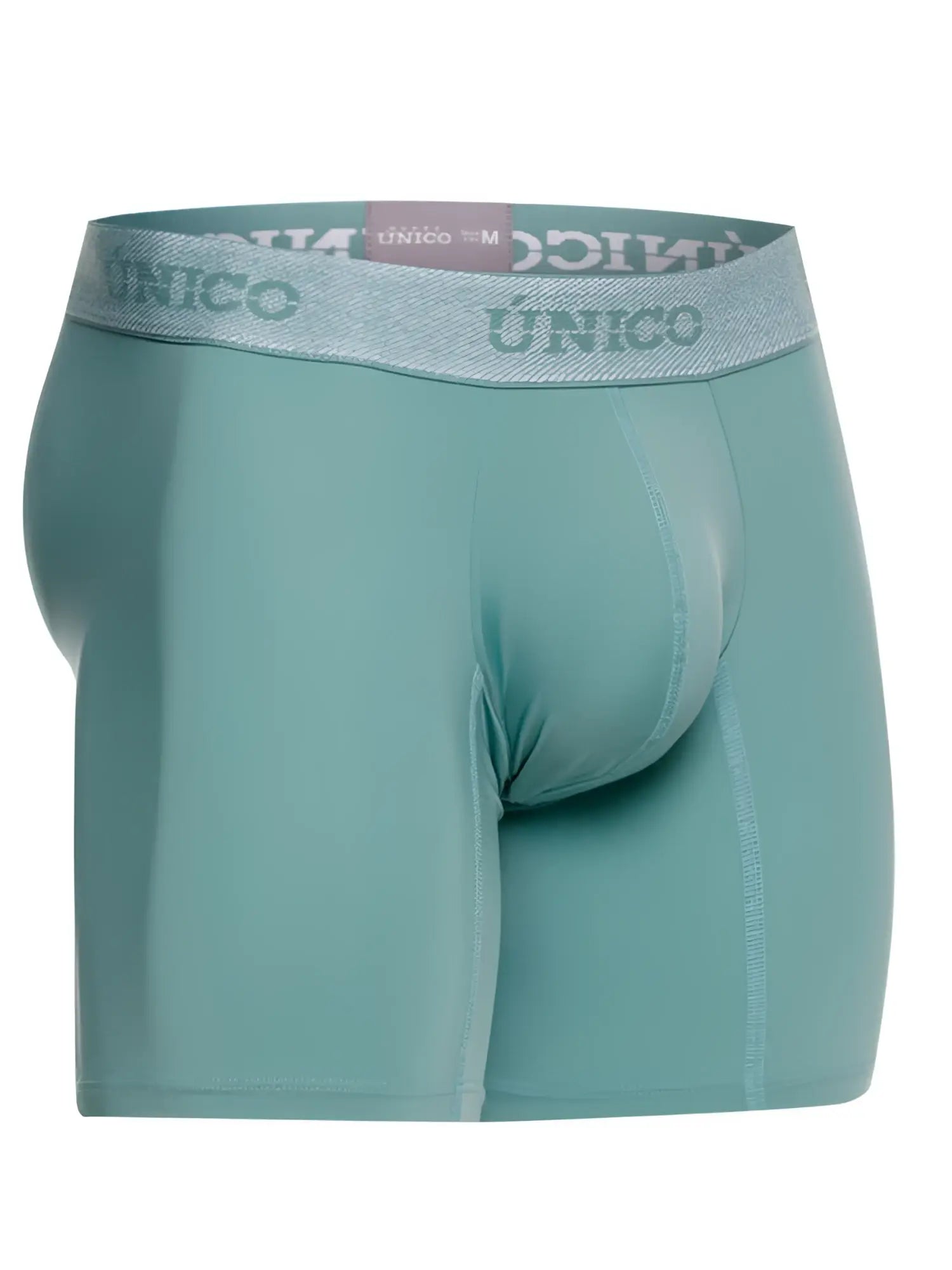 Teal unico ceramic boxer briefs with gray elastic waistband featuring repeating unico brand name lettering