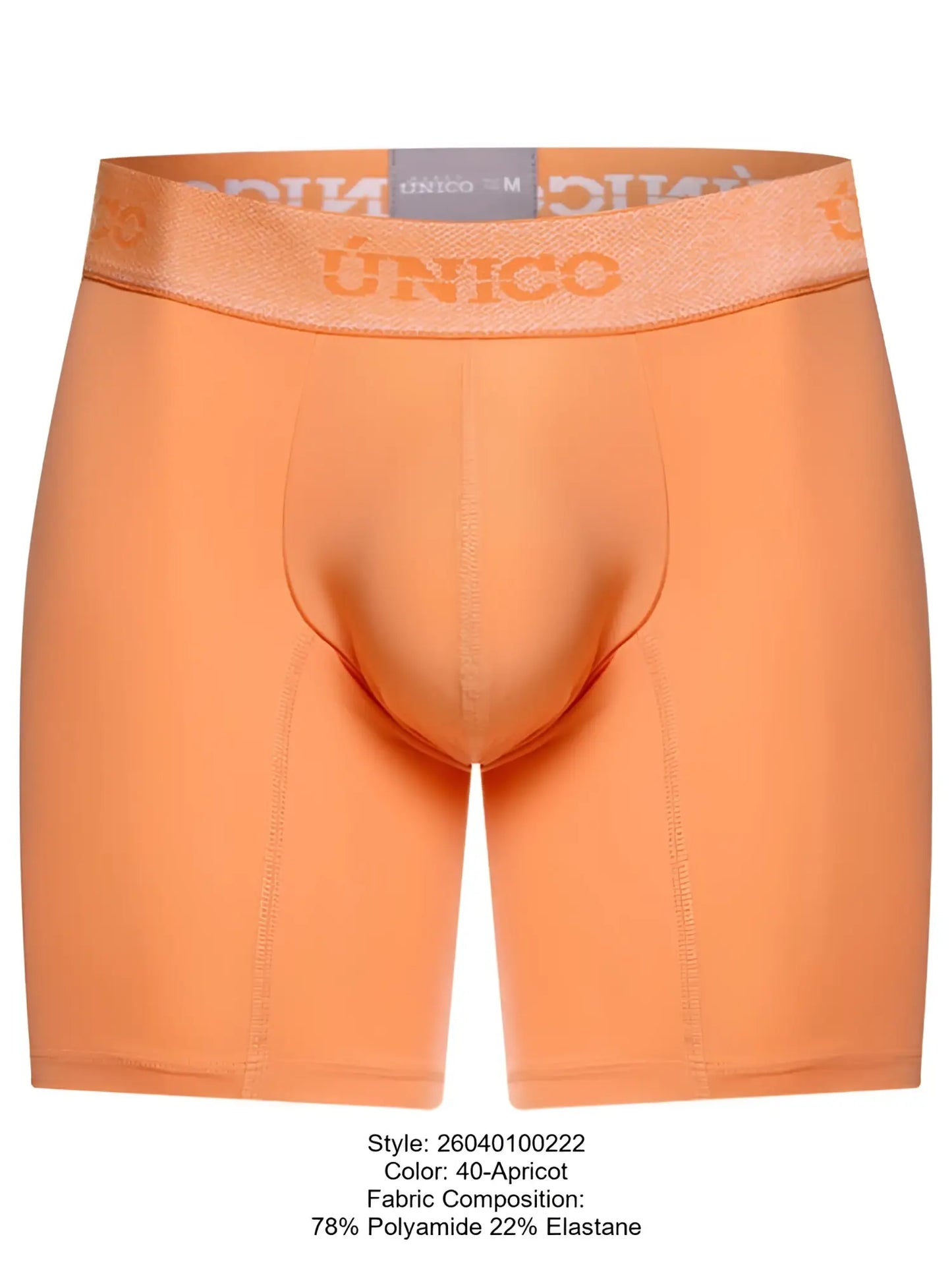 Unico 26040100222 classic boxer briefs in apricot color made of 78% polyamide and 22% elastane for essential comfort