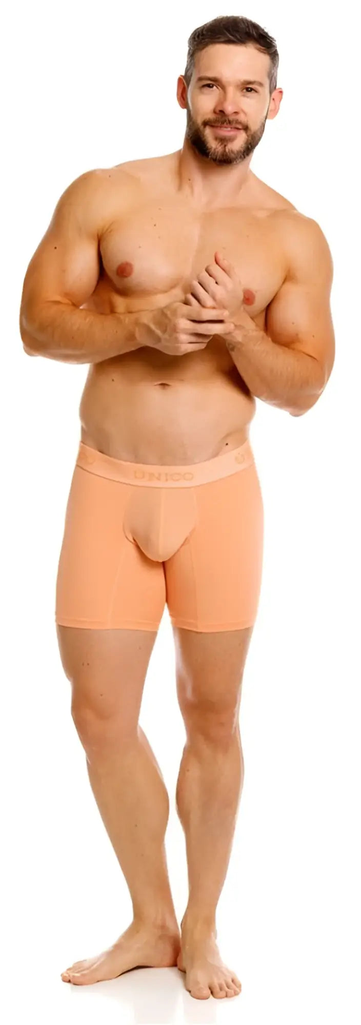 Peach-colored Unico 26040100222 classic boxer briefs with smooth seamless design and branded waistband in apricot