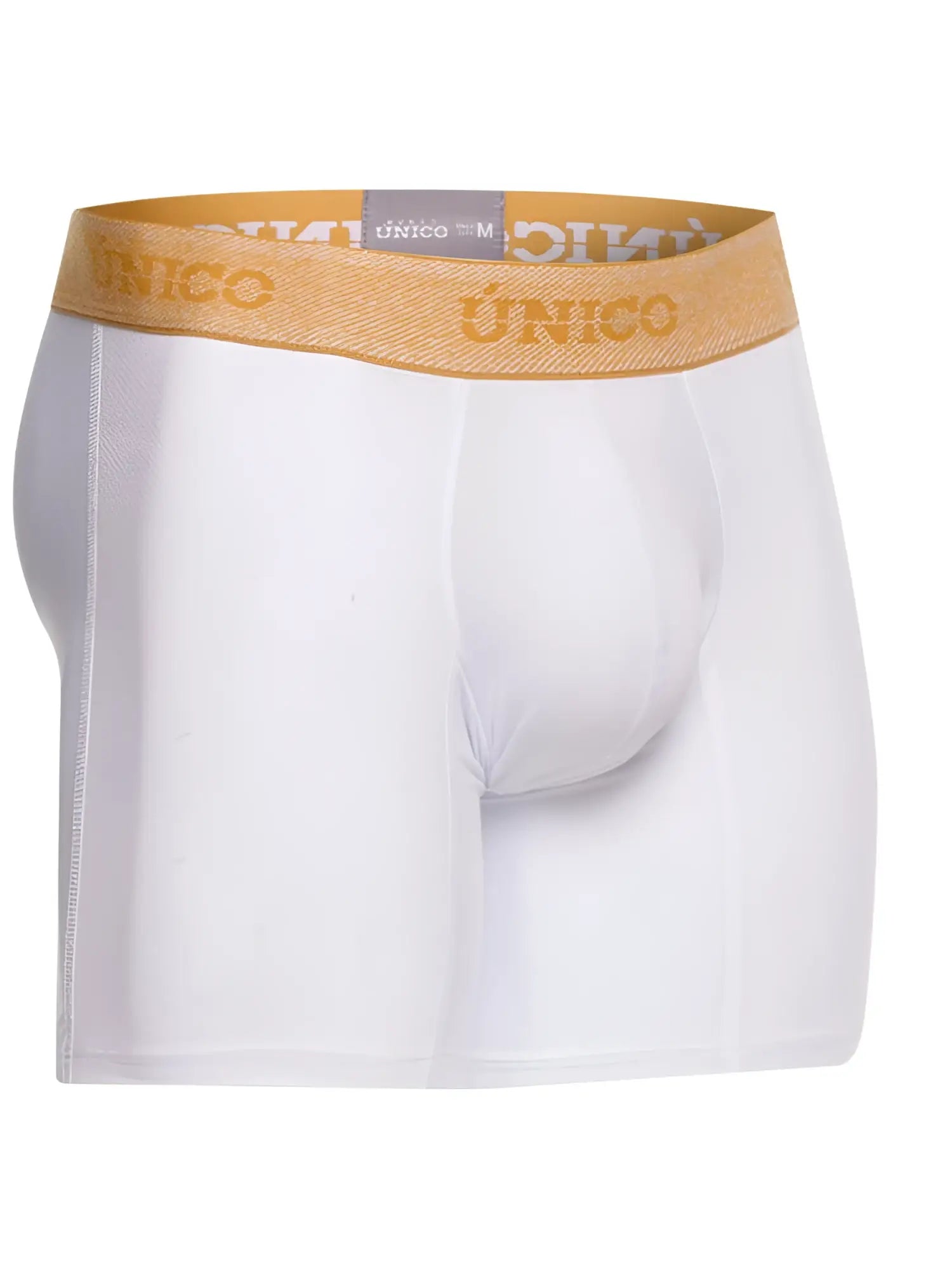 White unico men’s boxer briefs with tan elastic waistband and gold unico branding for premium comfort and style