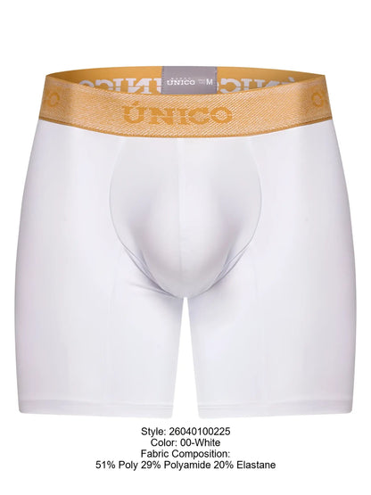 White unico men’s boxer briefs with gold elastic waistband and brand name lettering for premium comfort