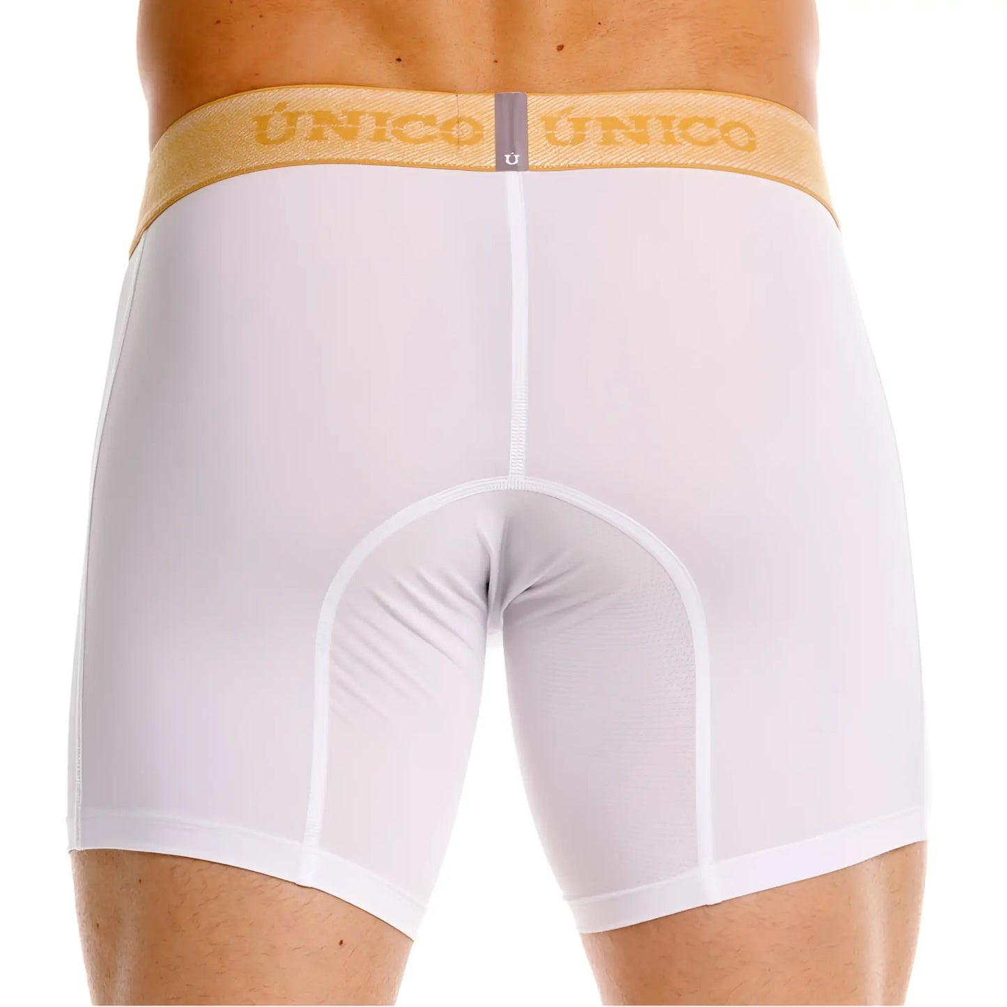 White unico boxer briefs with premium comfort featuring a gold waistband with brand name in matching lettering