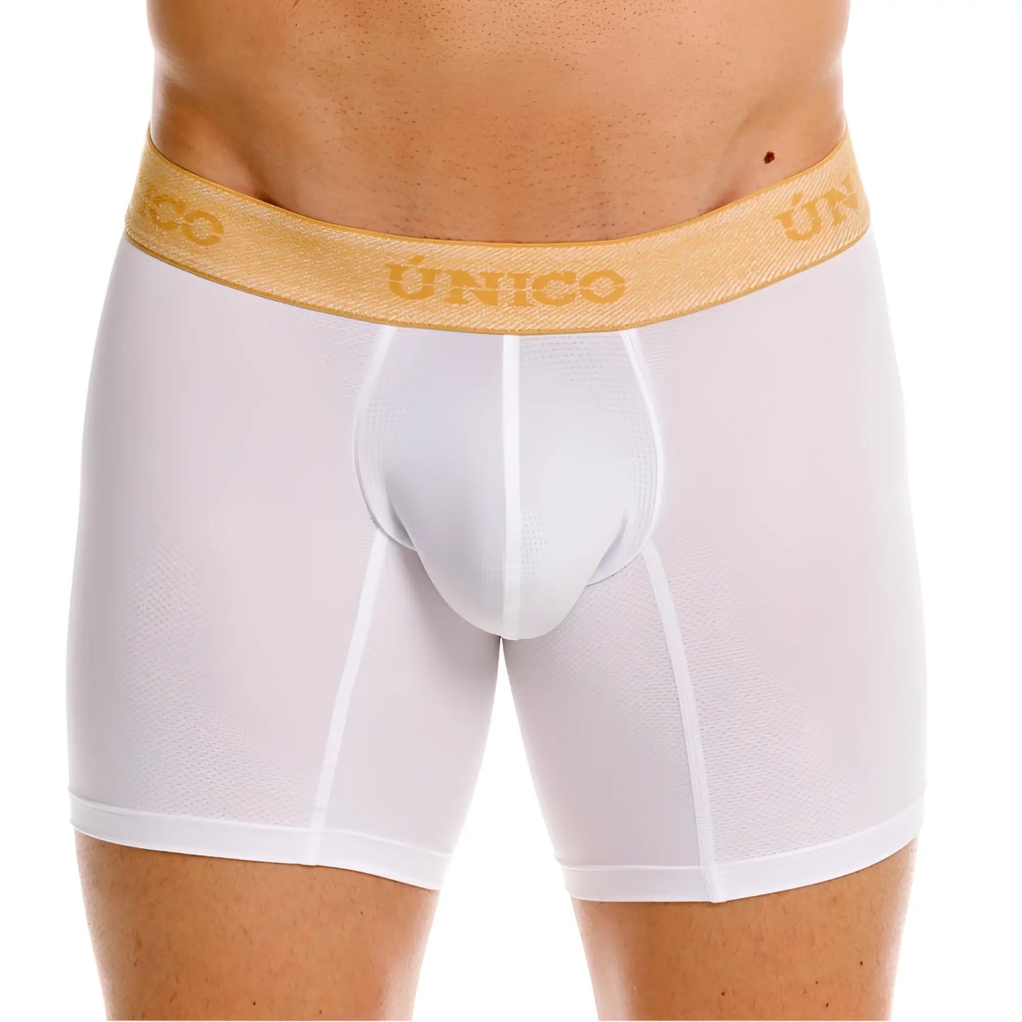 White unico amber boxer briefs with gold elastic waistband and matching gold brand lettering for premium comfort