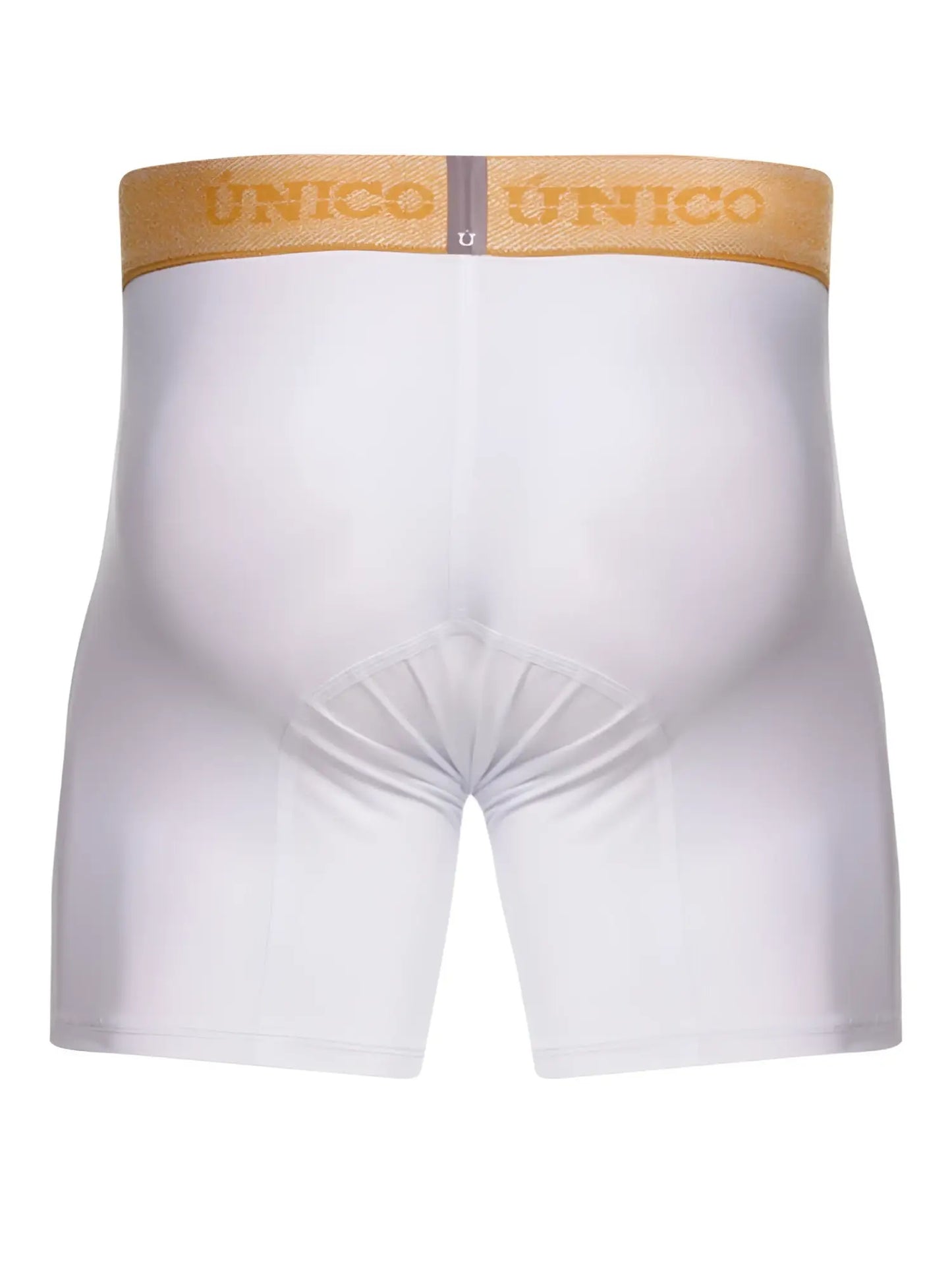 White unico boxer briefs with a gold waistband featuring the brand name for premium comfort and style
