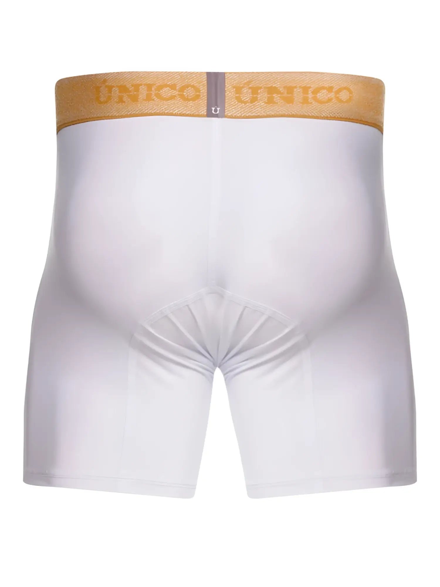 White unico boxer briefs with a gold waistband featuring the brand name for premium comfort and style