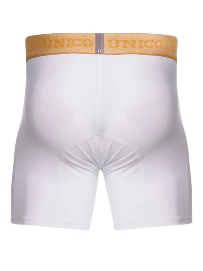 White unico boxer briefs with a gold waistband featuring the brand name for premium comfort and style