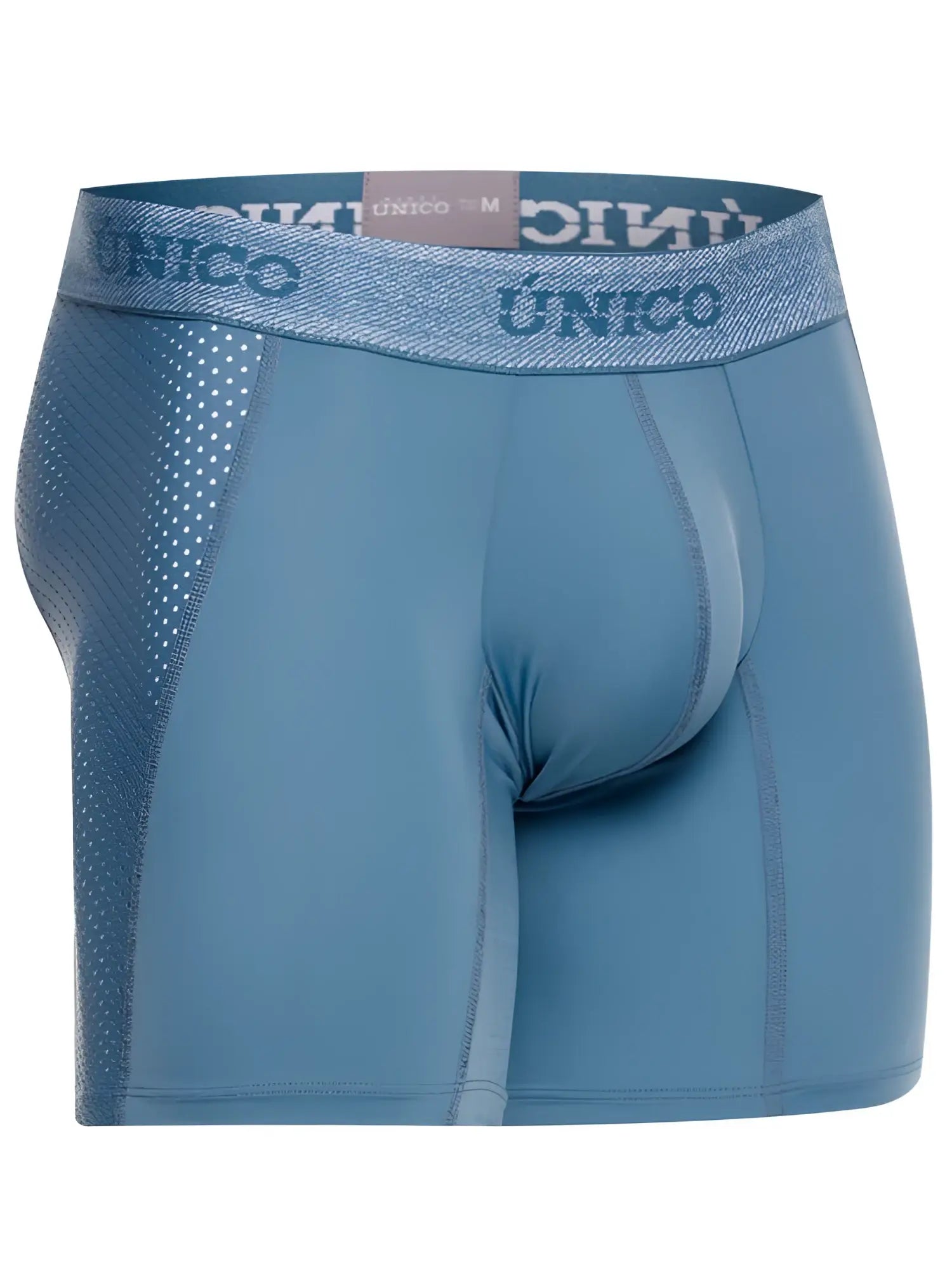 Light blue Unico classic boxer briefs with textured perforated side panels and a comfortable elastic waistband.