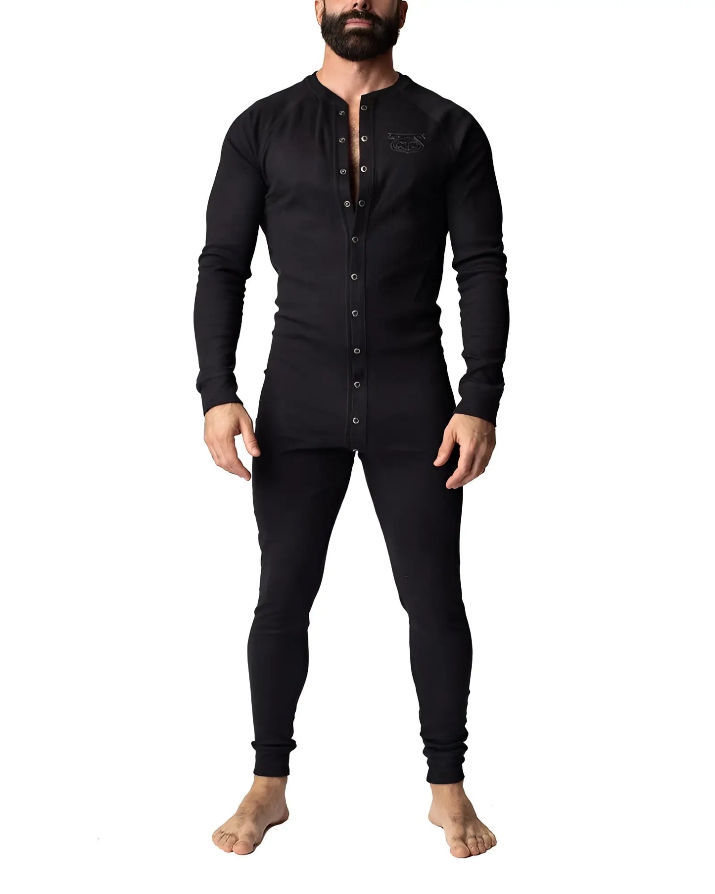 Black long-sleeved henley-style thermal union suit with button-front and subtle chest embroidery for warmth