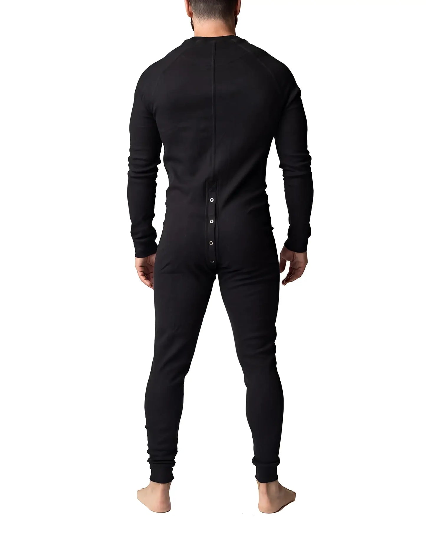 Black long-sleeved one-piece thermal union suit shown from the back with a button-down closure for warmth