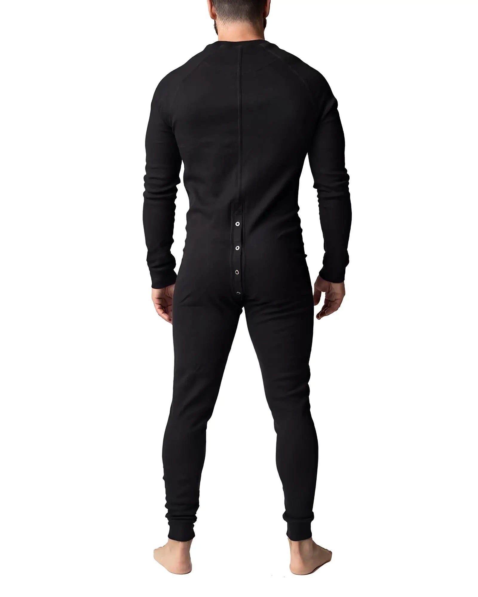 Black long-sleeved one-piece thermal union suit shown from the back with a button-down closure for warmth