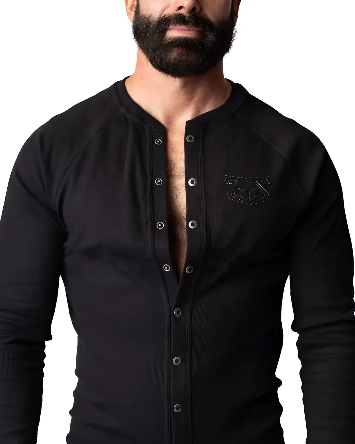 Black ribbed long-sleeve henley shirt union suit with silver buttons and subtle embroidered chest logo