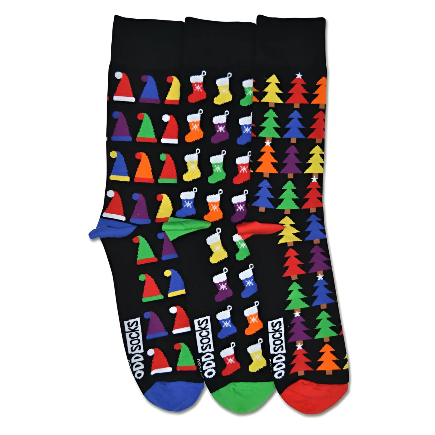 Black christmas-themed socks by united oddsocks with colorful santa hats stockings trees and multicolored toe caps size 7-12