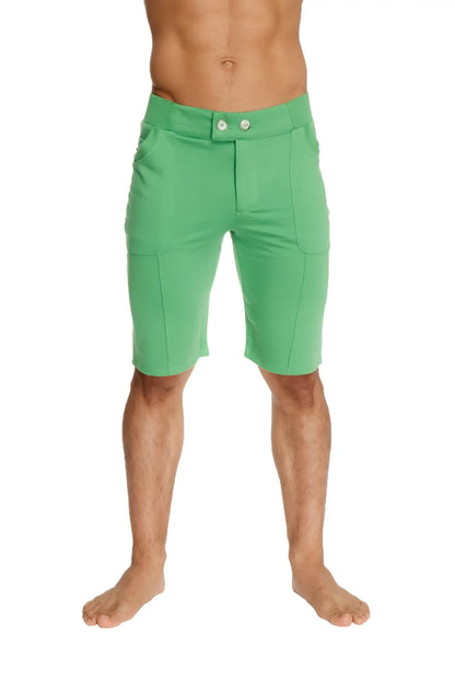 Urban tactical at home dress shorts in bamboo green with a sleek fit and two-button waist closure