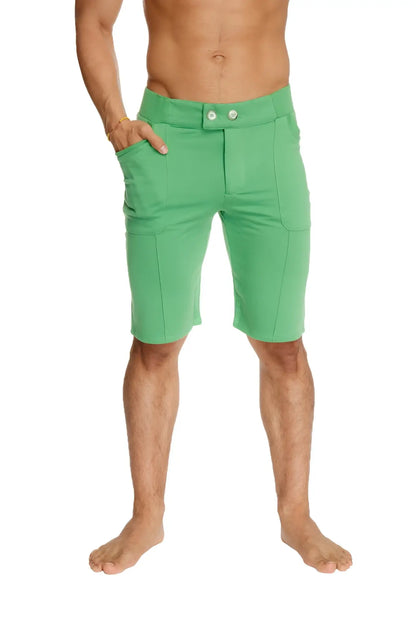 Green tailored fit urban tactical at home dress shorts in bamboo green with two front buttons and side pockets