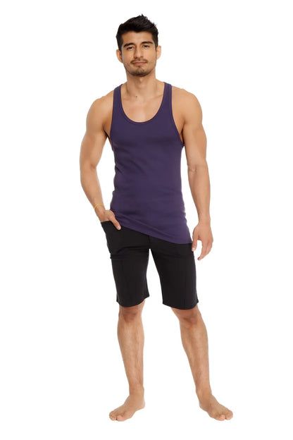 Purple sleeveless tank top paired with black urban tactical at home dress shorts for casual comfort