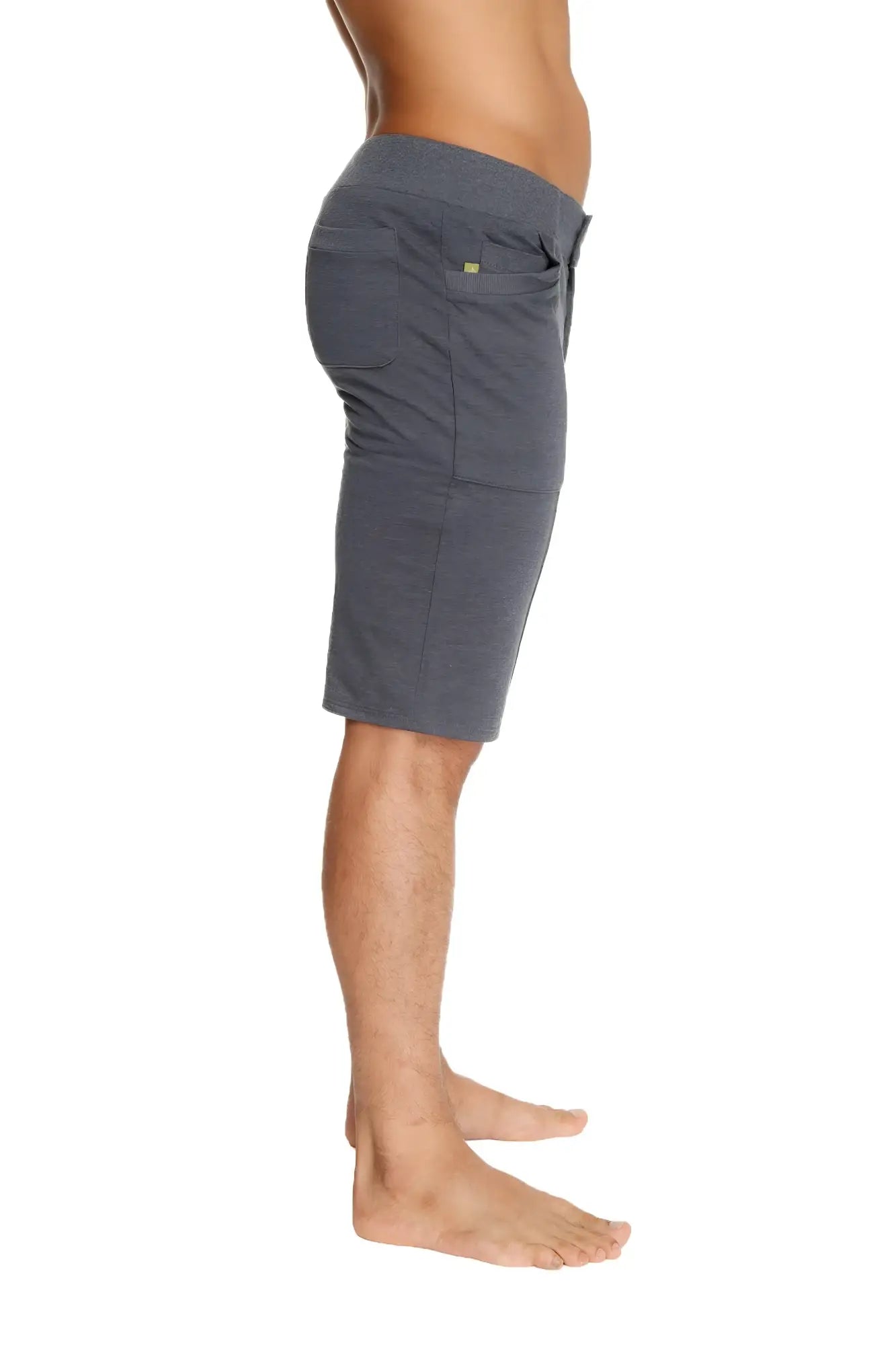 Urban tactical at home dress shorts in charcoal gray heathered fabric with drawstring waist side pockets and green logo
