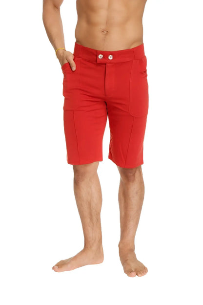 Urban tactical at home dress shorts in cinnabar red featuring buttoned waistband and side pockets for casual wear