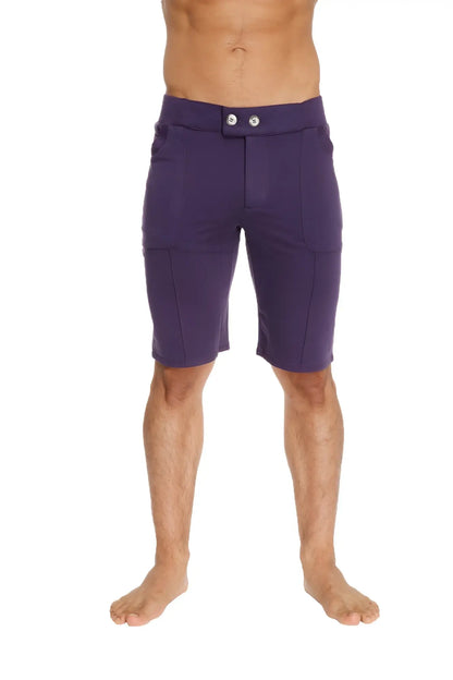 Urban tactical at home dress shorts in eggplant purple with sleek form-fitting design and silver-toned waistband buttons