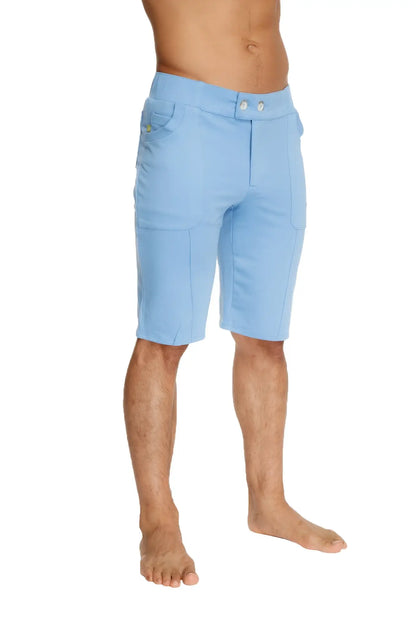 Urban tactical at home dress shorts in ice blue feature a buttoned waistband and multiple pockets on mid-thigh length