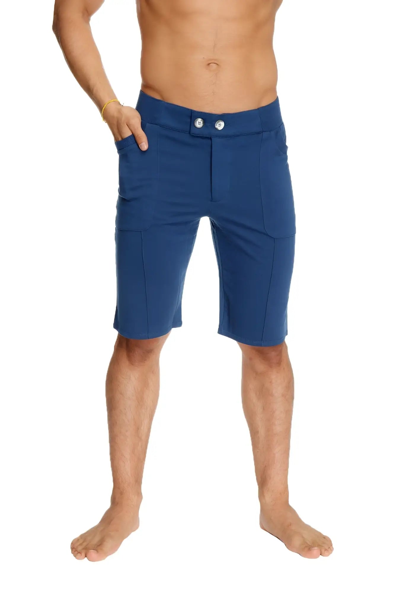 Navy blue urban tactical at home dress shorts with silver buttons and side pockets for casual athletic wear