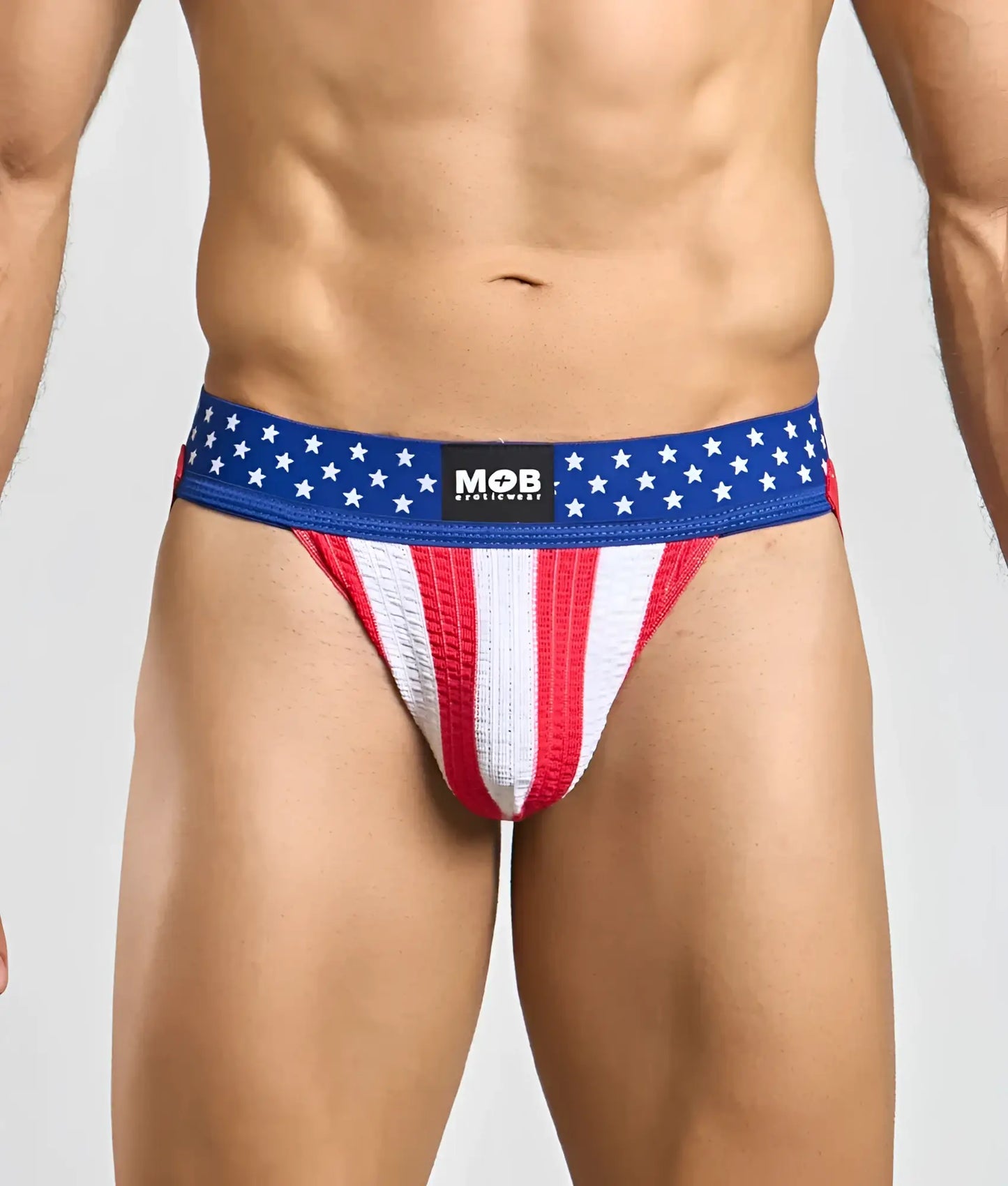 Blue red and white usa flag mens jockstrap with textured waistband featuring mob brand logo in athletic briefs style