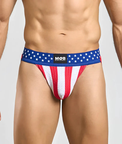 Blue red and white usa flag mens jockstrap with textured waistband featuring mob brand logo in athletic briefs style