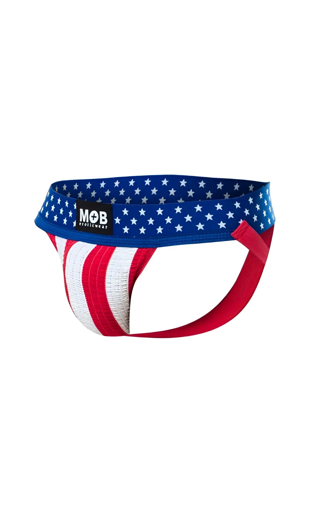 USA flag mens jockstrap with red white and blue athletic briefs and star-spangled waistband shown from the back side