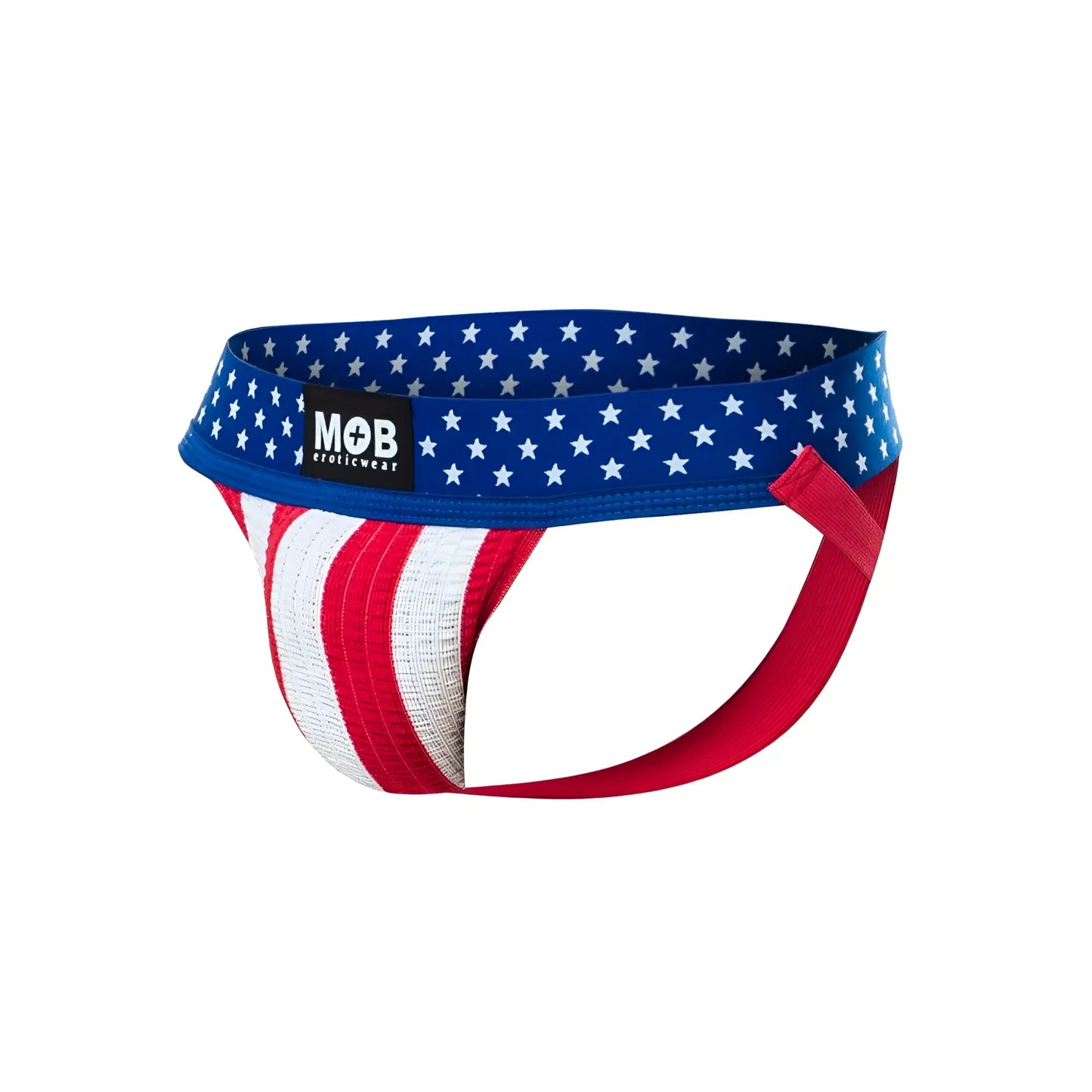 USA flag mens jockstrap with red white and blue athletic briefs and star-spangled waistband by mob eroticwear