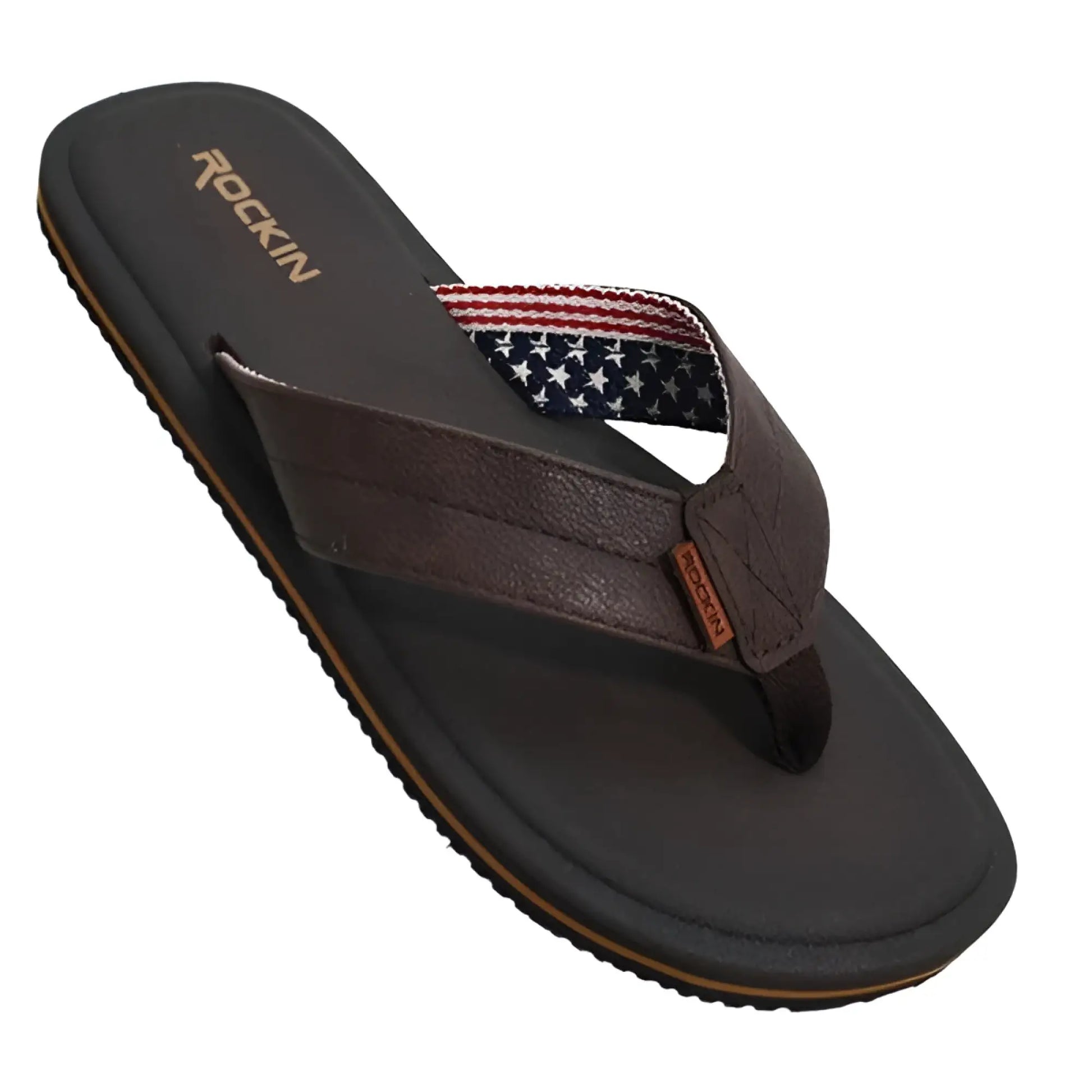Brown leather usa sandal flip-flop with american flag strap and rockin embroidered on the insole