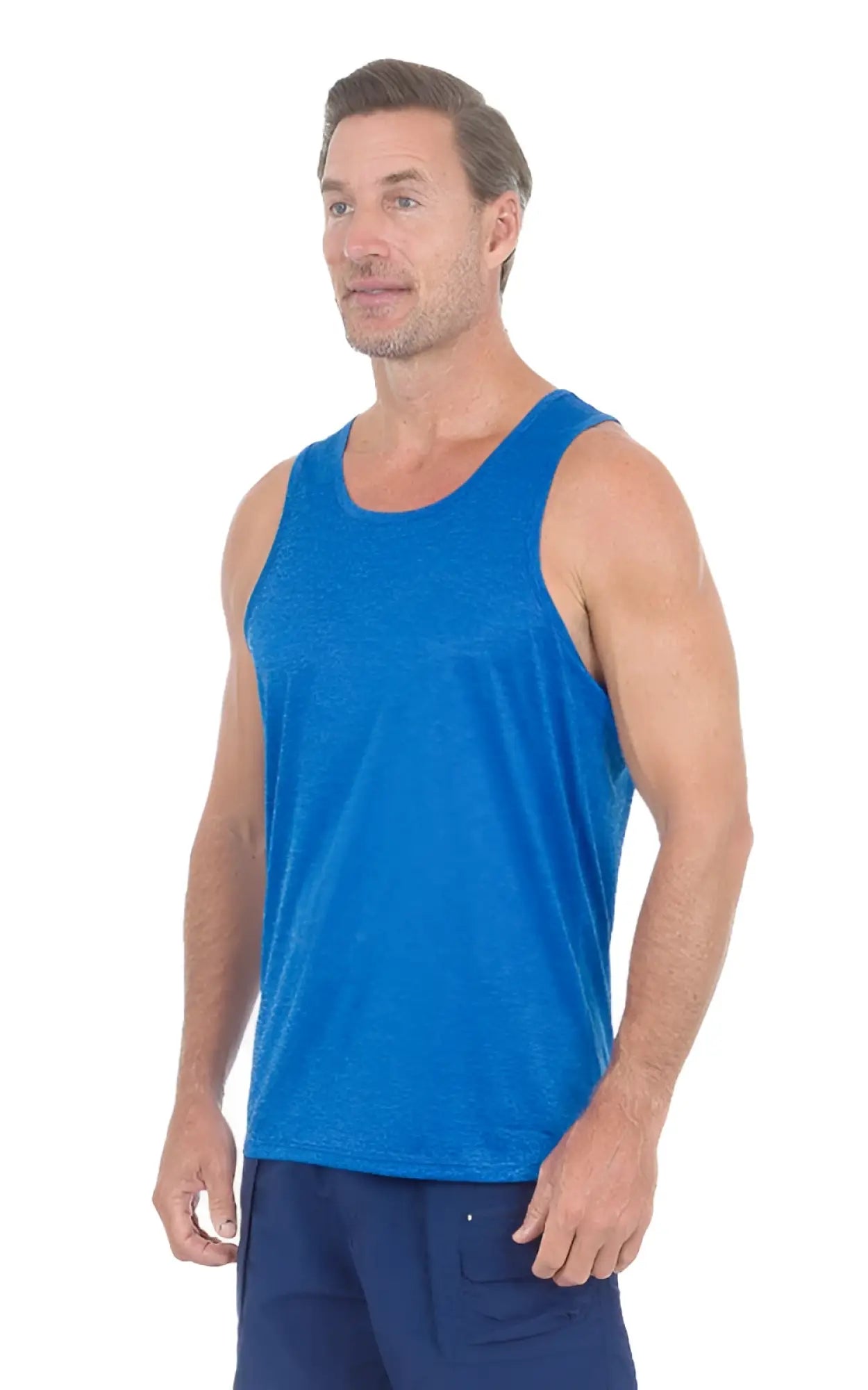 Uzzi dri-fit tank top blue heathered sleeveless design with simple round neckline for activewear use