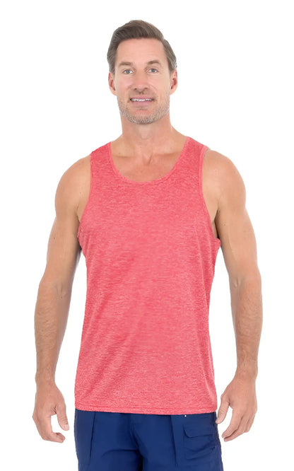 A men’s coral heathered UZZI dri-fit tank top made of soft breathable fabric for active wear