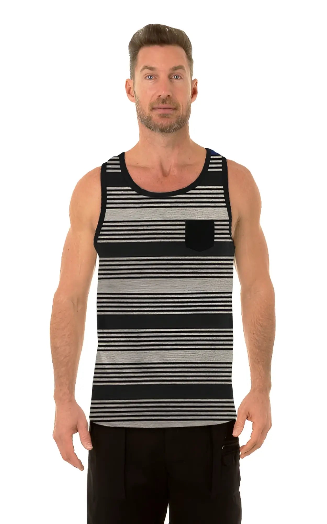 Uzzi pocket tank top black and gray striped sleeveless shirt with a black left pocket for casual wear
